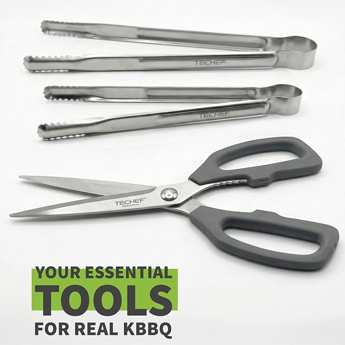 TECHEF Kitchen Shears With 2 Stainless Steel Tongs & Travel Bag, Dishwasher Safe, 4-Piece Complete Set, Made in Korea (Scissors & Tongs Set)