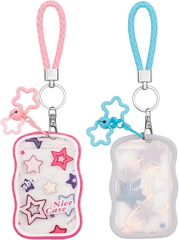 2Sets Kpop Photocard Holder,Cute Star Wave Card Holder Keychain with Candy Color Star Keychain Lobster Buckle Hanging Rope Creative Photocards Holder for Kpop Fan Idol Photo Bus Card（pink&blue）