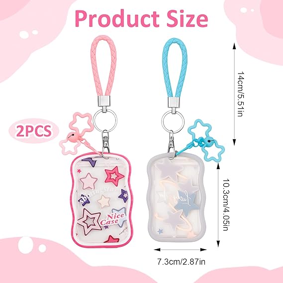 2Sets Kpop Photocard Holder,Cute Star Wave Card Holder Keychain with Candy Color Star Keychain Lobster Buckle Hanging Rope Creative Photocards Holder for Kpop Fan Idol Photo Bus Card（pink&blue）