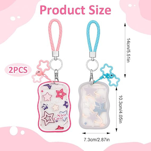 2Sets Kpop Photocard Holder,Cute Star Wave Card Holder Keychain with Candy Color Star Keychain Lobster Buckle Hanging Rope Creative Photocards Holder for Kpop Fan Idol Photo Bus Card（pink&blue）