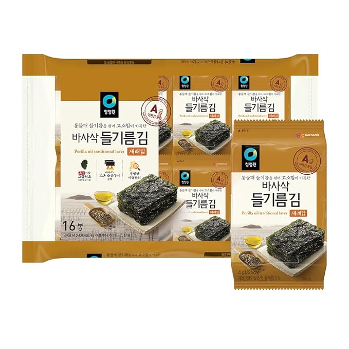 O’Food Roasted Seaweed Snack, Crispy & Savory Premium Korean Laver, Vegan Gluten-Free Plant-Based Snack, Made in Korea, Light & Crunchy Sheets for Lunchboxes and On-the-Go [Perilla Oil | Pack of 16]