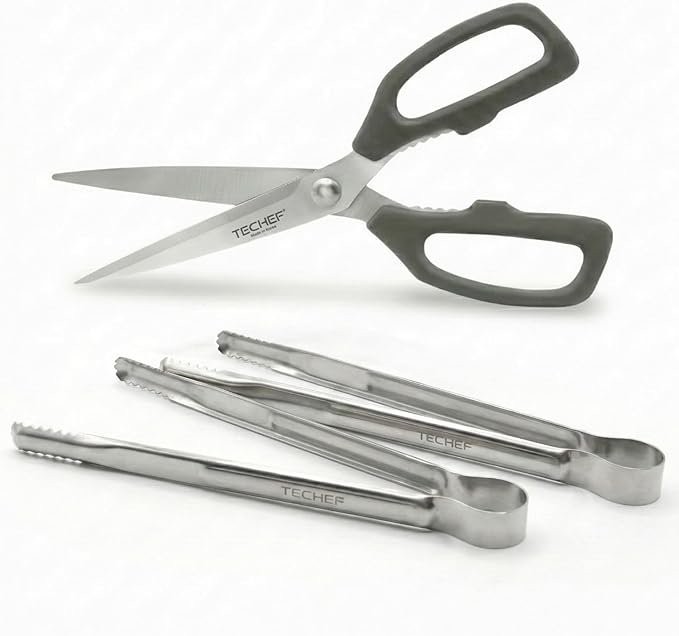 TECHEF Kitchen Shears With 2 Stainless Steel Tongs & Travel Bag, Dishwasher Safe, 4-Piece Complete Set, Made in Korea (Scissors & Tongs Set)