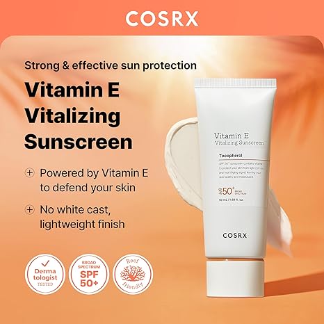 COSRX Vitamin E Vitalizing Sunscreen,SPF 50 Broad Spectrum Face Sunscreen, Lightweight, Non-Sticky, No White Cast, Vitamin E for Antioxidant Care, For All Skin Tones, Korean Skincare, 1.69 fl oz
