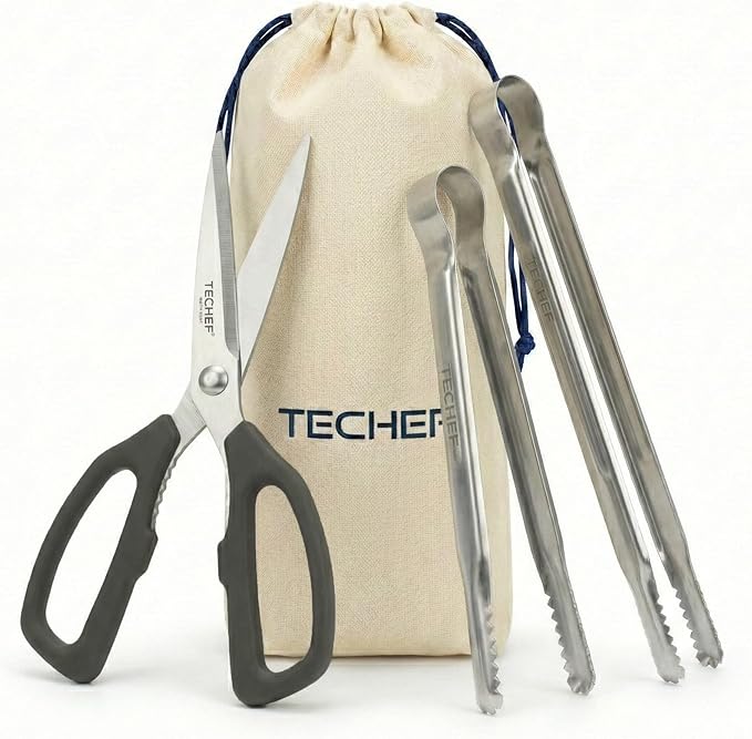 TECHEF Kitchen Shears With 2 Stainless Steel Tongs & Travel Bag, Dishwasher Safe, 4-Piece Complete Set, Made in Korea (Scissors & Tongs Set)