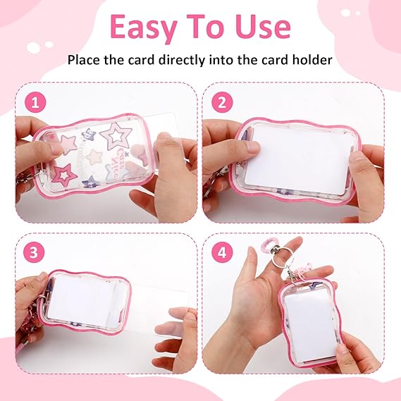 2Sets Kpop Photocard Holder,Cute Star Wave Card Holder Keychain with Candy Color Star Keychain Lobster Buckle Hanging Rope Creative Photocards Holder for Kpop Fan Idol Photo Bus Card（pink&blue）