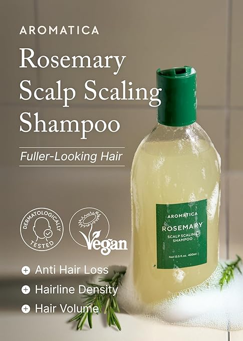 AROMATICA Rosemary Scalp Scaling Shampoo - Korean Hair Care with Thinning Hair Loss Natural Rosemary Essential Oil for Women - Vegan Hair Growth - Free from Sulfate, Silicone, and Paraben (13.53 oz)