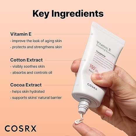 COSRX Vitamin E Vitalizing Sunscreen,SPF 50 Broad Spectrum Face Sunscreen, Lightweight, Non-Sticky, No White Cast, Vitamin E for Antioxidant Care, For All Skin Tones, Korean Skincare, 1.69 fl oz