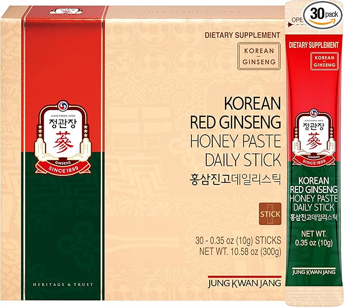 JUNG KWAN JANG Korean Red Ginseng Honey Paste Daily Stick | Poria Mushroom, Rehmannia Extract Hong Sam Jin Go Daily | Natural Energy Booster for Men & Women, Pre Workout | 30 Count