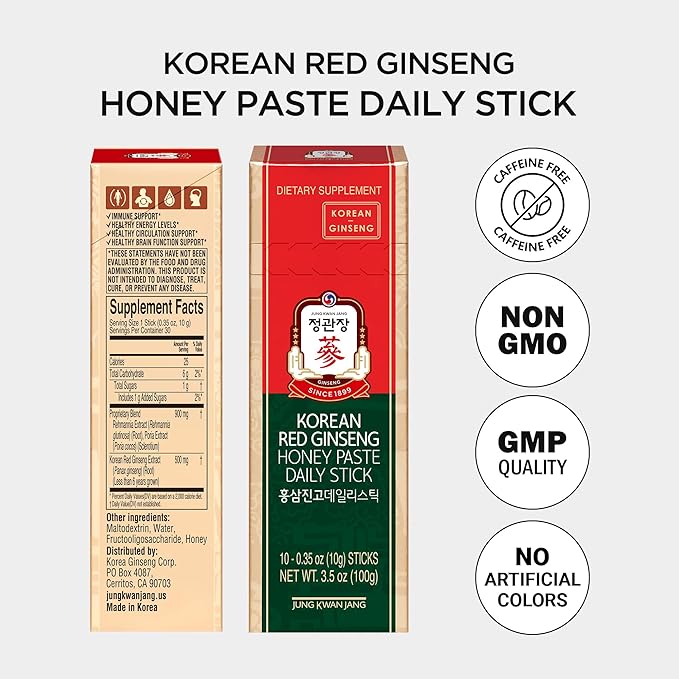 JUNG KWAN JANG Korean Red Ginseng Honey Paste Daily Stick | Poria Mushroom, Rehmannia Extract Hong Sam Jin Go Daily | Natural Energy Booster for Men & Women, Pre Workout | 30 Count