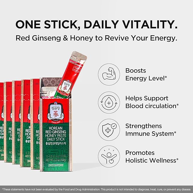 JUNG KWAN JANG Korean Red Ginseng Honey Paste Daily Stick | Poria Mushroom, Rehmannia Extract Hong Sam Jin Go Daily | Natural Energy Booster for Men & Women, Pre Workout | 30 Count