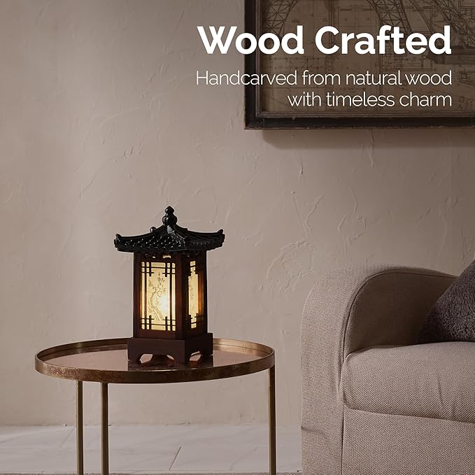 Traditional Korean Wood Lamp | Handmade Asian Oriental Table Lantern | Bedside Bedroom Accent Light | Unique Gift Idea | Pagoda Design (Brown) (House)
