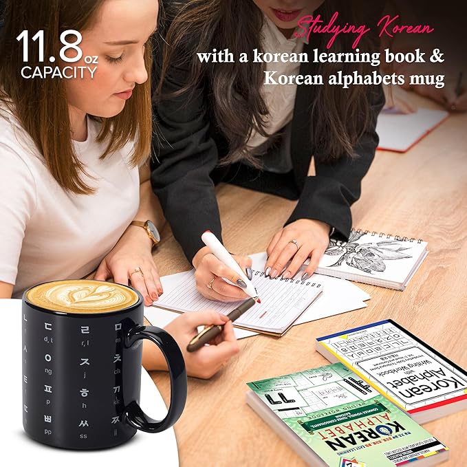 Kpop Merch - Korean Alphabet, Korean Gifts, Kdrama Merch, Korean Drama Gifts, BTS Cup, BTS Mug, K Drama, 12oz, Stylish, Durable, Microwave Safe, Premium Quality (Carbon Black)